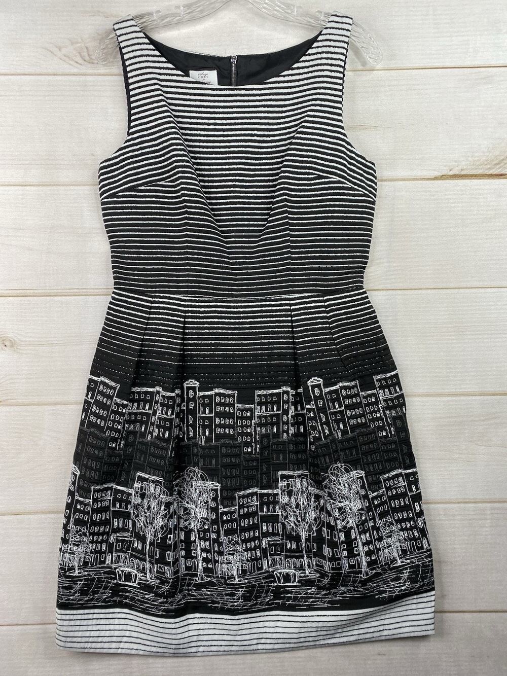 Suzy Chin for Maggy Boutique Dress Sz 8 Black White Cityscape Stiped Sleeveless
